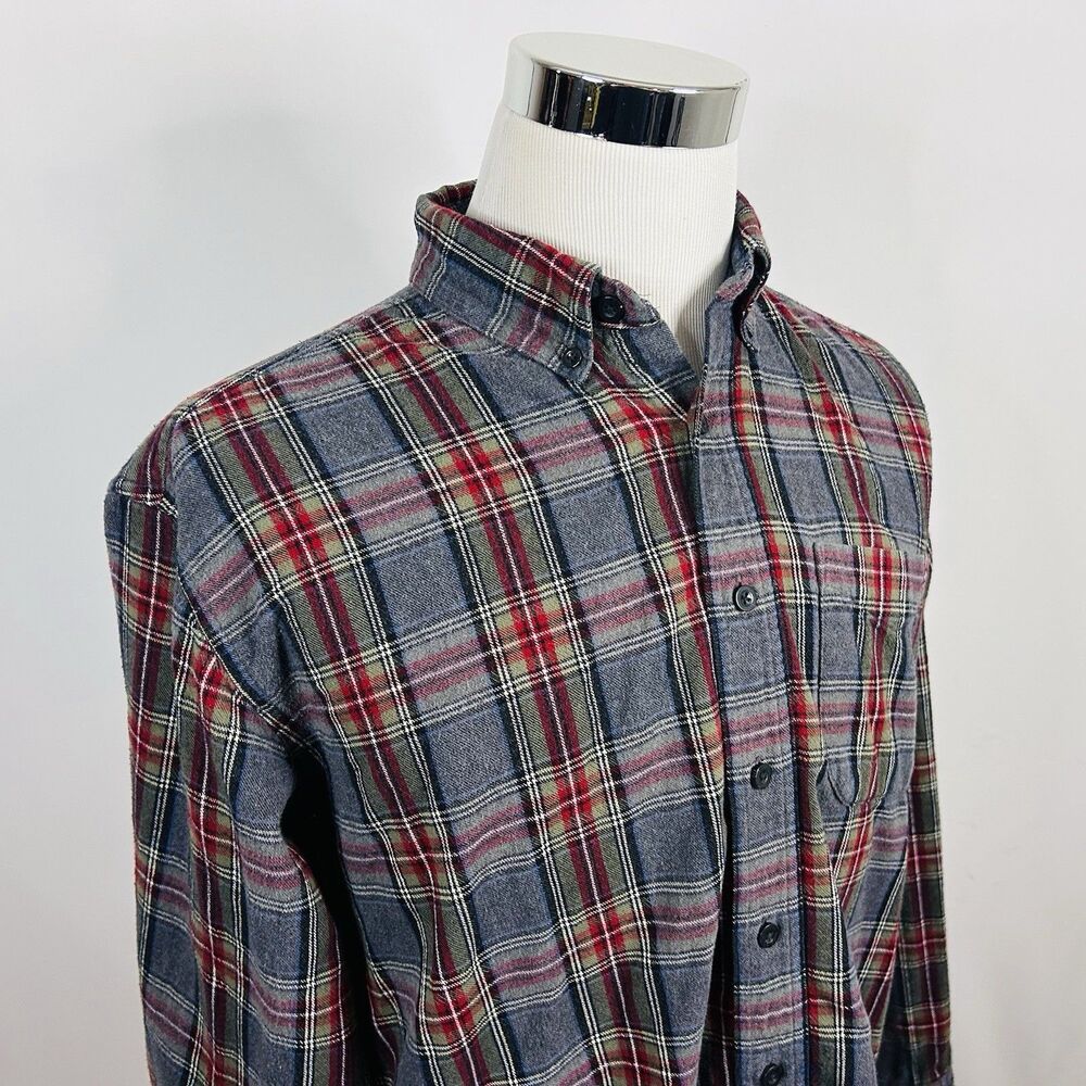 LL Bean XL Classic Flannel Shirt Gray Red Green Plaid 100% Cotton Button Down